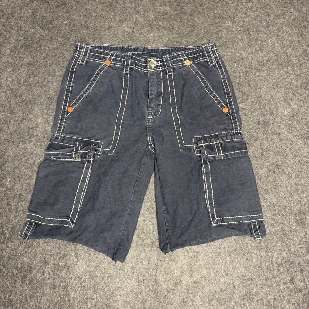 True Religion Mens Super T Cargo Shorts Navy Blue Contrast Stitch Size 31 Y2K